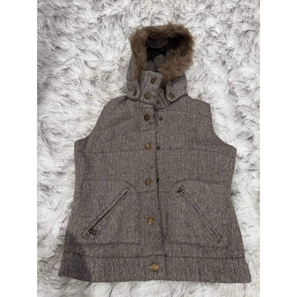 MARALYN & ME Brown Beige Herringbone Faux Fur Hooded Vest S Women's